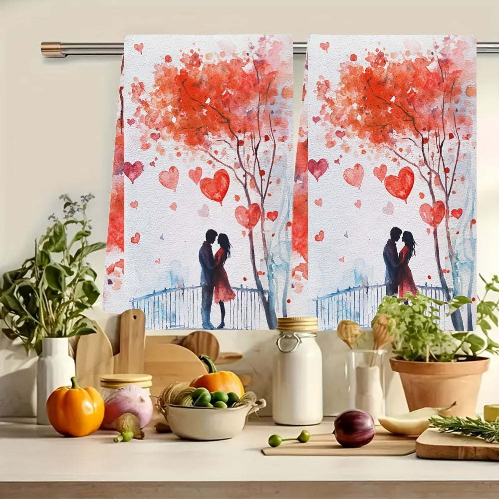 Set of 2 Romantic Valentine's Day Kitchen Towels - Made with Ultra Soft & Highly Absorbent Polyester, Size 40.64x60.96 cm, Easy to Clean in Washing Machine, Decorated with Embracing Couple & Heart Tree Design for Holiday Festive Touch