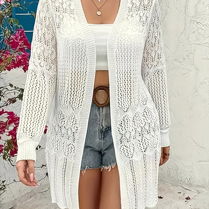 Women's elegant white lace cardigan in a floral pattern, perfect for spring/summer fashion with lightweight, long sleeve knit cover-up.