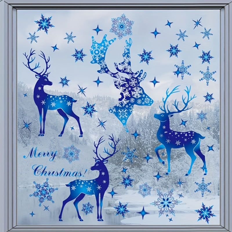 Christmas window decorations set including 5 pieces of window adsorption Christmas deer and snowflake stickers. Blue removable window decals perfect for Christmas party decoration.