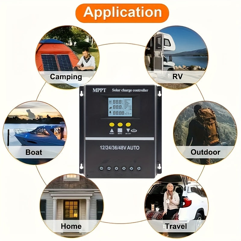 MPPT Solar Charge Controller supports multiple voltage options with LCD display, dual USB output for phone charging, compatible with lead-acid and lithium batteries, and features automatic