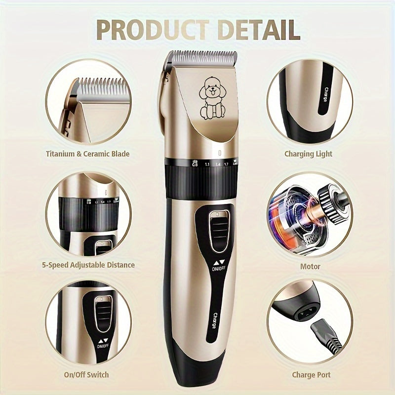 USB rechargeable electric clippers with ceramic blades for grooming cats and dogs.