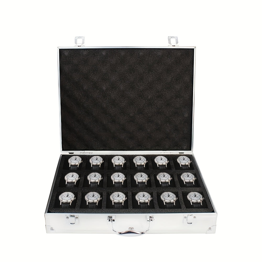 One piece of an aluminum alloy watch storage box with 18 slots, designed for men watch collectors. This portable clock display box can also be used as a gift box.