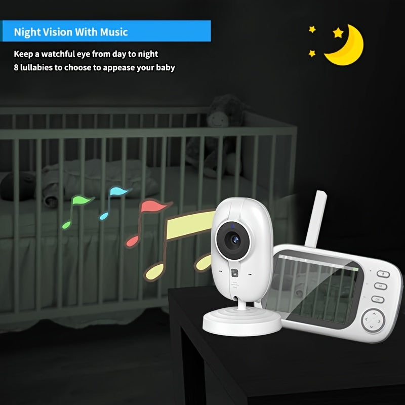 720P HD Android app and smartphone compatible monitor for indoor use, featuring 2-way audio, cry and temperature detection, night vision, lullabies, manual pan/tilt, rechargeable battery, and made of ABS material.