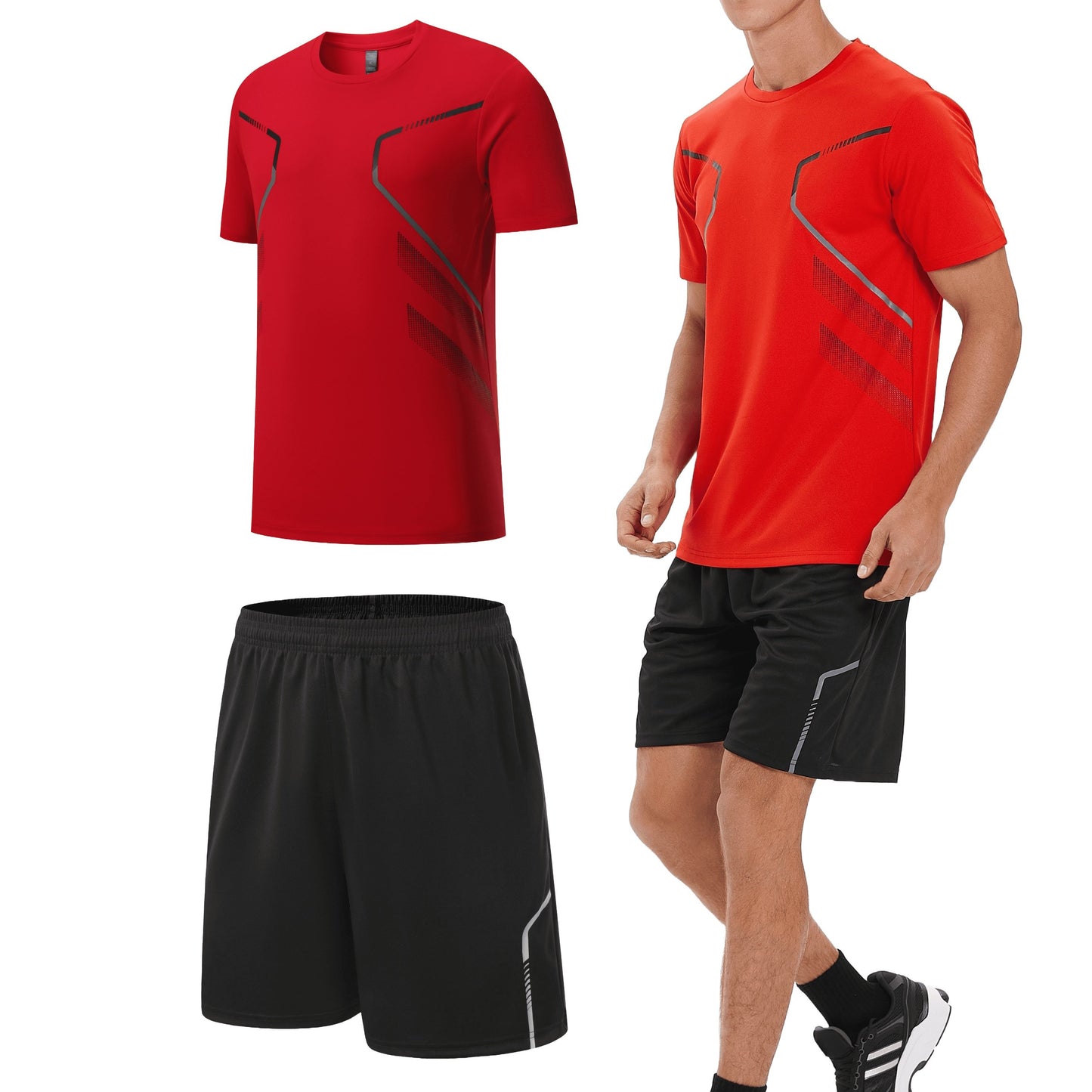 Men's summer running sportswear set includes quick-dry crew neck t-shirt and shorts for hiking, training, and weekend activities.