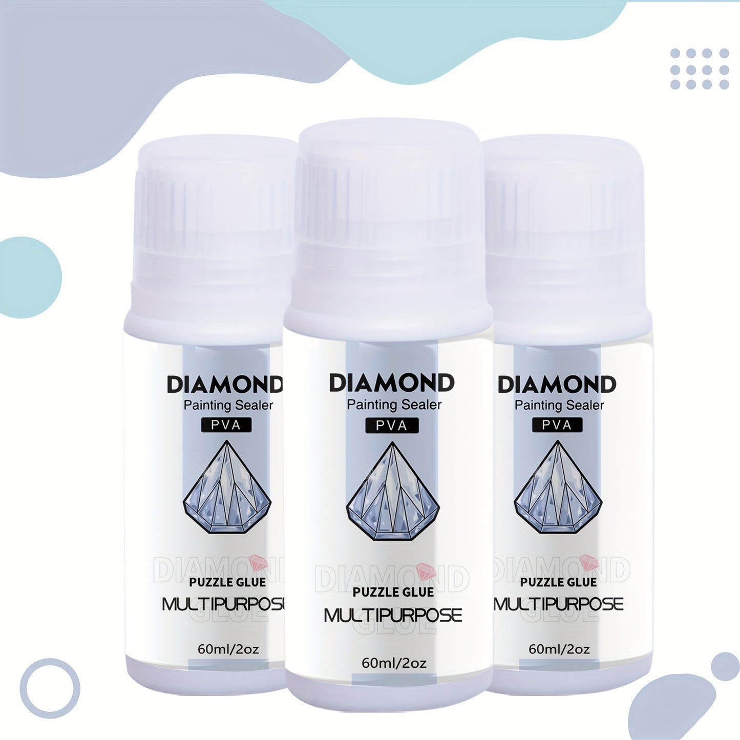 Diamond painting sealer with 3 brushes for permanent hold & shine effect on 5D diamond painting and puzzles, available in 60ml or 200ml.