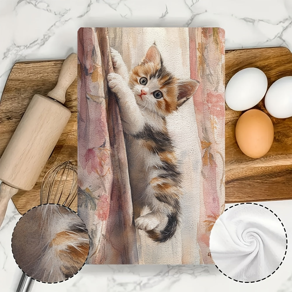 Two pieces of ultra soft kitchen towels featuring an adorable kitten climbing curtains design. These highly absorbent and machine washable dish hand towels also showcase a contemporary floral pattern. Ideal for home decor, these towels measure