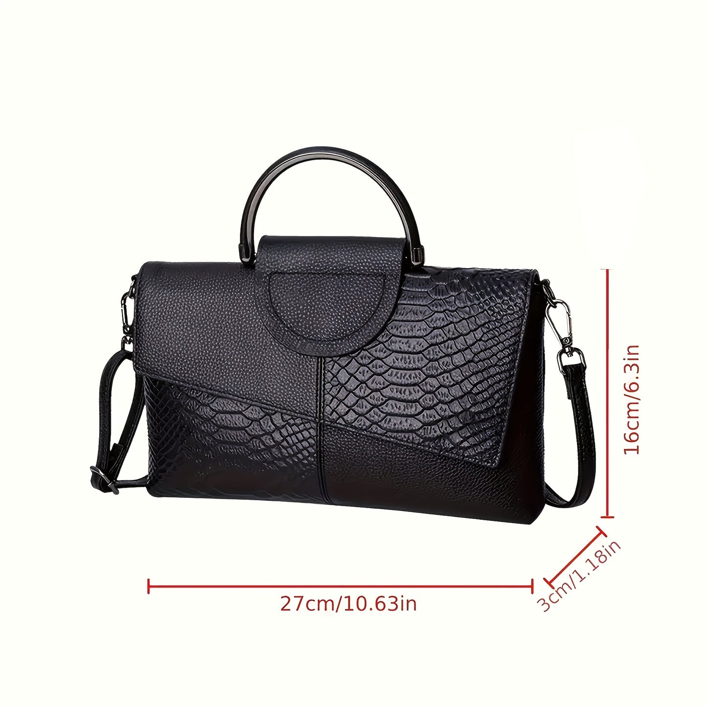 Crocodile Pattern Faux Leather Handbag for Work and Shopping, with Magnetic Closure in Black.