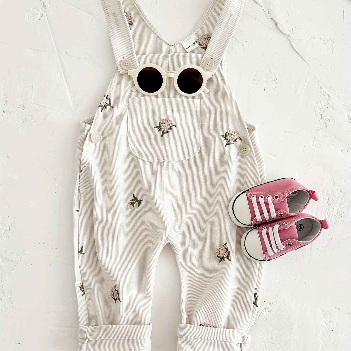 Infant & toddler girl's flower embroidery overalls, perfect for outdoor wear in spring and fall.