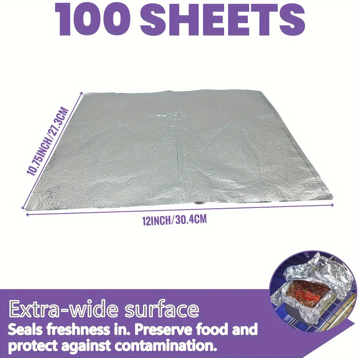 100 pre-cut aluminum foil sheets in one box, each sheet measuring 9/12x10.75 inches. These extra wide and heat-tolerant foil sheets are made from 100% aluminum, perfect for food wrapping, grilling, and freezing. Comes in a convenient dispenser for easy