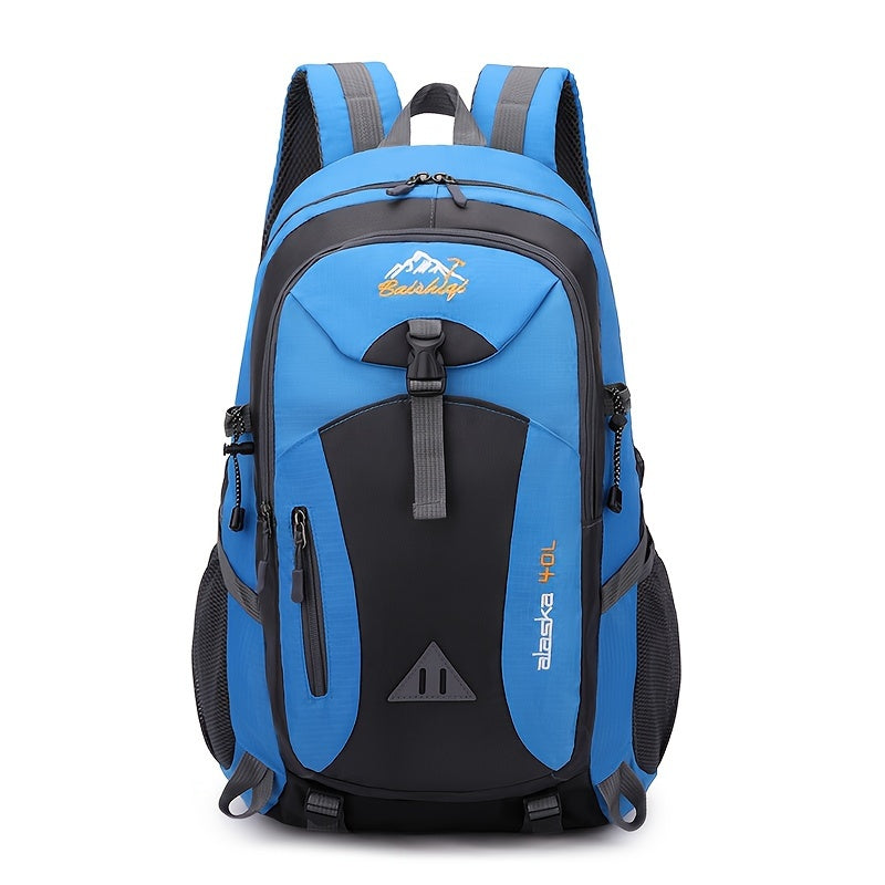 Multifunctional hiking backpack with 40L capacity, Oxford material, lightweight, adjustable shoulder straps, zip closure, polyester lining, embroidered detail, sports style, unisex for