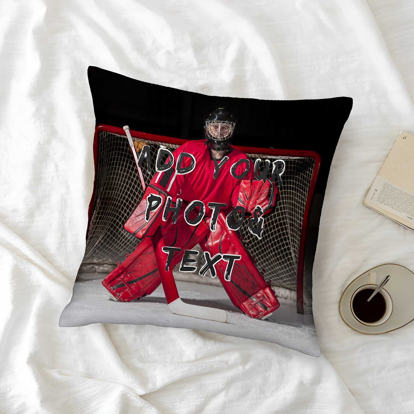 Create Your Own Ice Hockey Photo Pillow Cover with Short Plush Material, Single-Sided Print, A Unique Personalized Gift for Your Loved Ones on Special Occasions such as Valentine's Day, Christmas, Thanksgiving, New Year, Anniversaries. Size 45.72x45.72