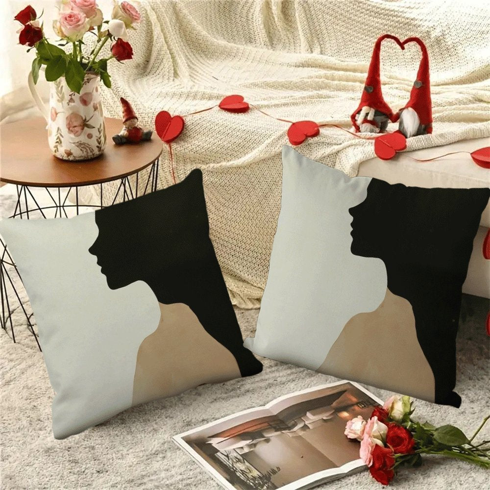 Set of 2 Contemporary Abstract Face Silhouette Pillow Cases, 45.72x45.72 cm, Made of Soft Flannel Fabric, Features Zipper Closure, Easy to Clean in the Washing Machine, Suitable for All Seasons, Perfect for Back Sleepers - Great for Decorating Living