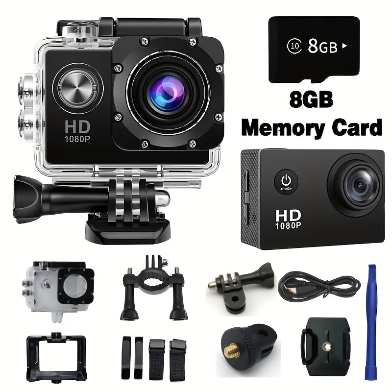 1080P HD Sports Camera with 2-Inch LCD Screen, 140° Wide Angle View, Installation Kit, 8GB & 32GB SD Cards, Rechargeable Battery - Ideal for Outdoor Activities, Camera Mount for Stability