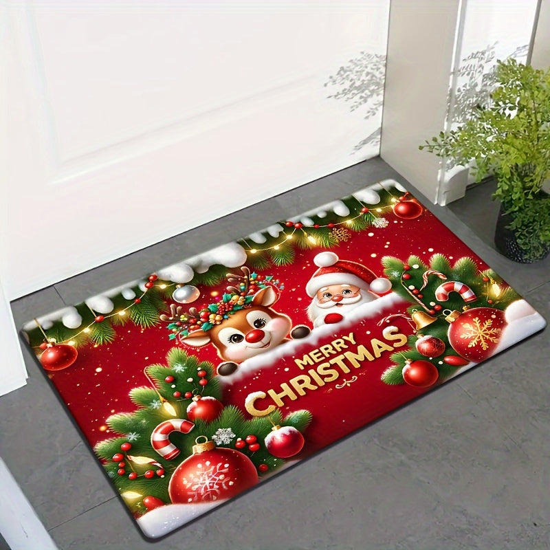 Get into the holiday spirit with this festive red flannel Christmas carpet featuring a non-slip Santa Claus and reindeer pattern. This thickened sponge carpet is perfect for adding a touch of Christmas cheer to your home decor. Use it as a door mat