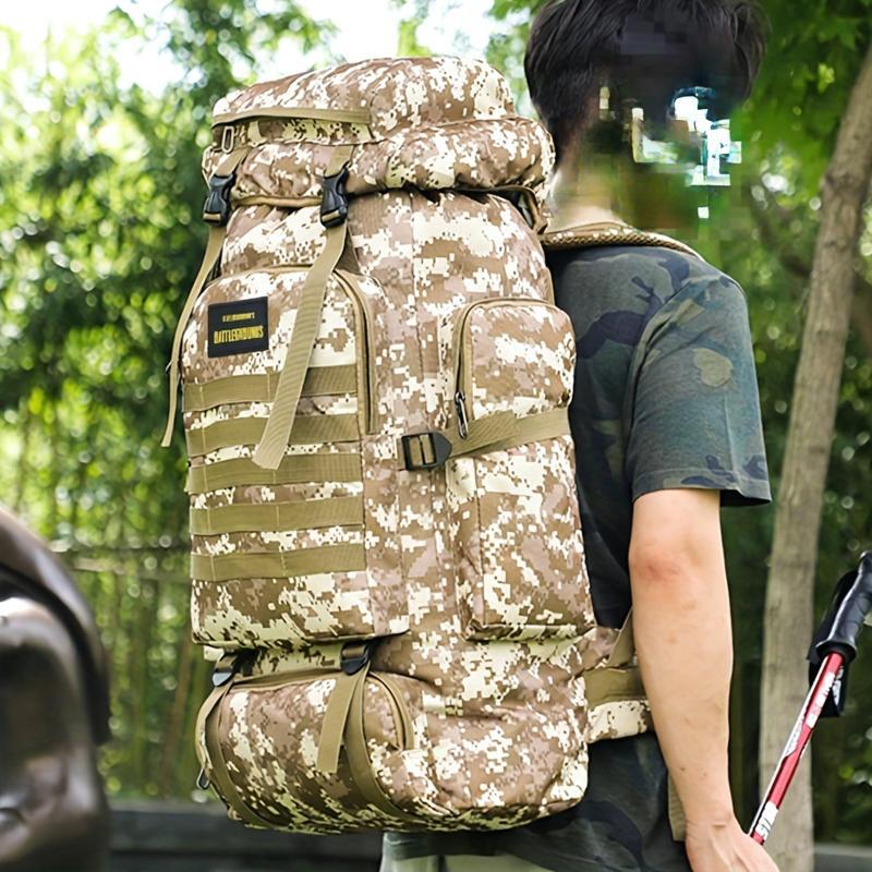 Durable camo travel backpack made from waterproof Oxford cloth, perfect for outdoor adventures and long trips.