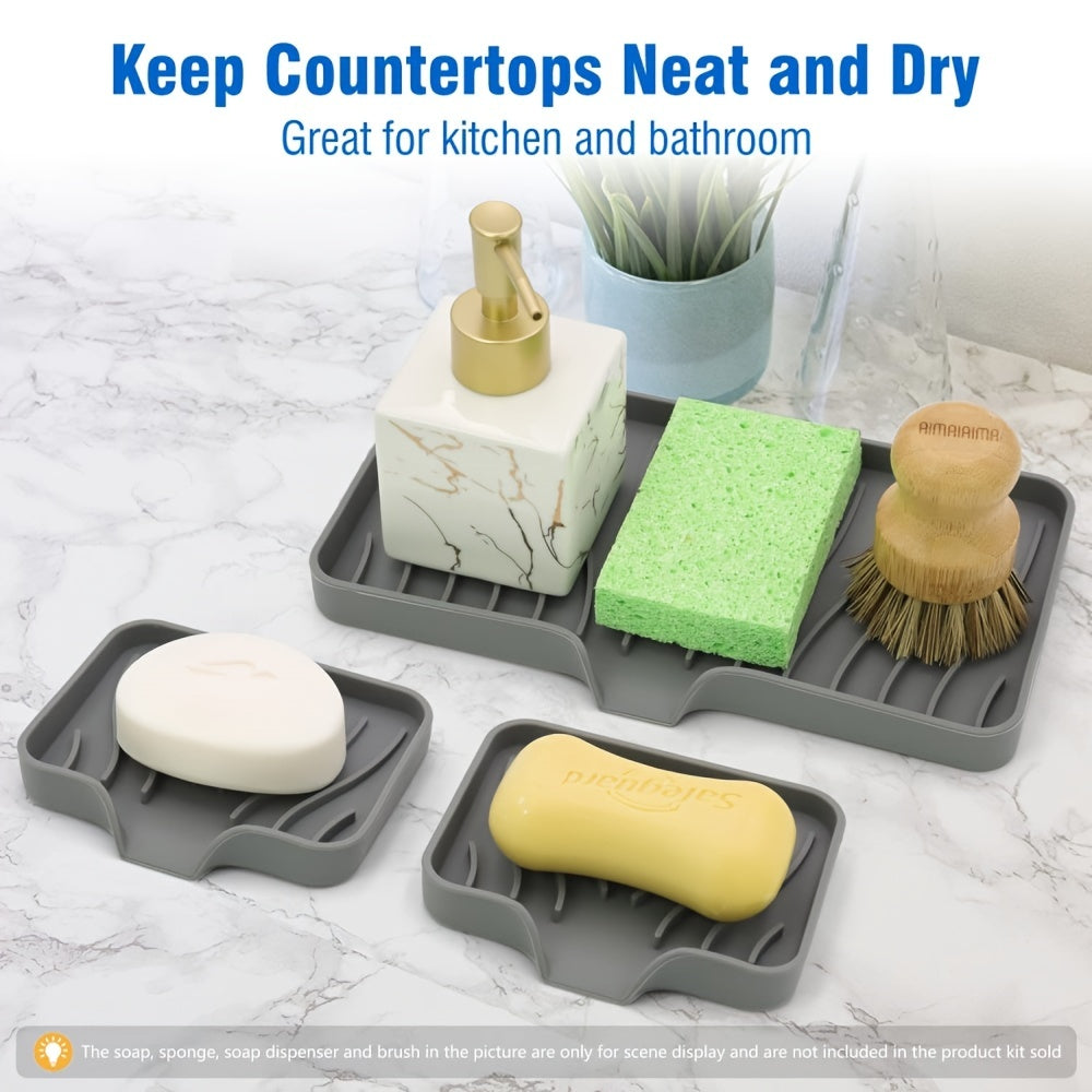 Silicone soap dish with self-draining design for countertop or sink storage in bathroom.