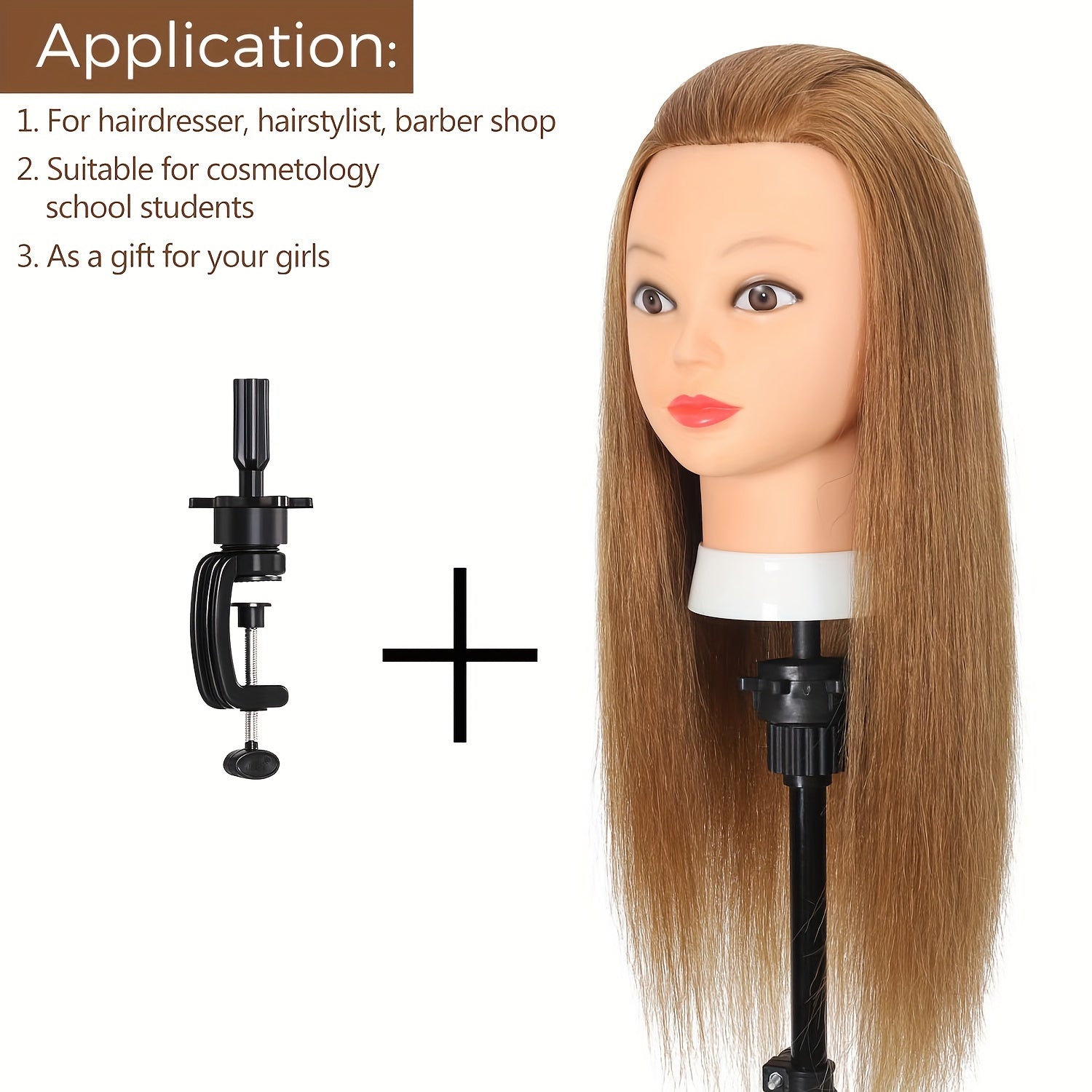 Mannequin head with real human hair for hairstylist training, includes free clamp holder