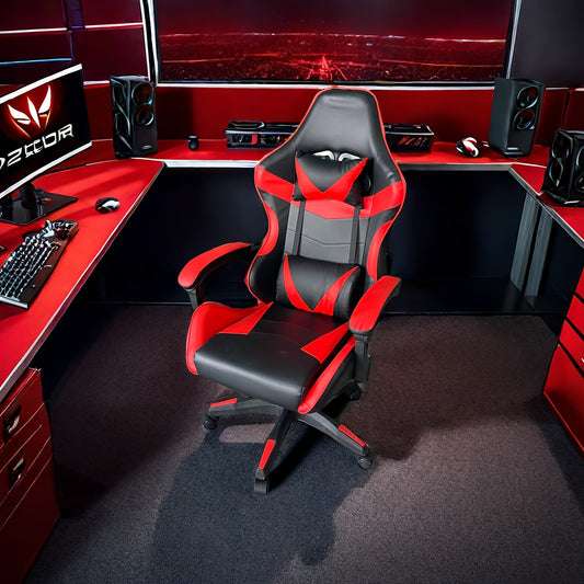 Ergonomic gaming chair with headrest and lumbar support, adjustable height and back tilt, 360° swivel, iron frame and sponge filling, plastic material with casters, handle-operated