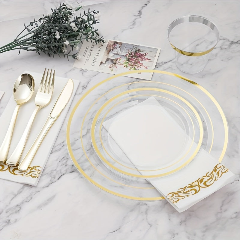 25-50 pieces of golden plastic party plates, measuring 19.05-26.04 cm each. These disposable plates are made of premium heavy-duty plastic, perfect for serving dinner and appetizers at parties and weddings.