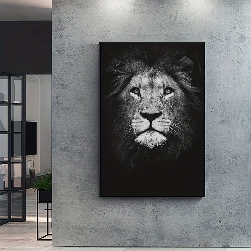 Black and white lion wall art print for home or office decor, featuring realistic animal portrait with textured fur detail.