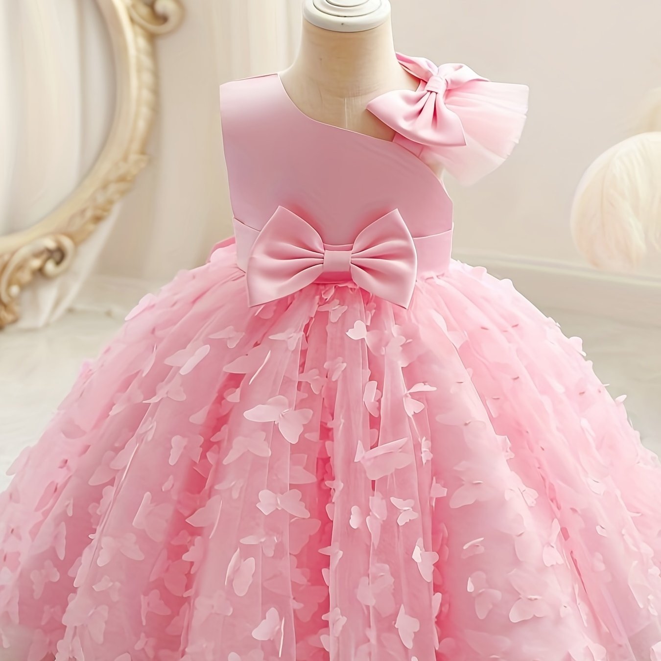 Toddler girls princess dress with butterfly design, bow belt, and flutter mesh sleeves, perfect for parties and birthdays.