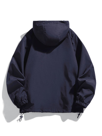 Men's navy blue hooded jacket: trendy zip-up windbreaker made of durable polyester, ideal for spring and fall weather.