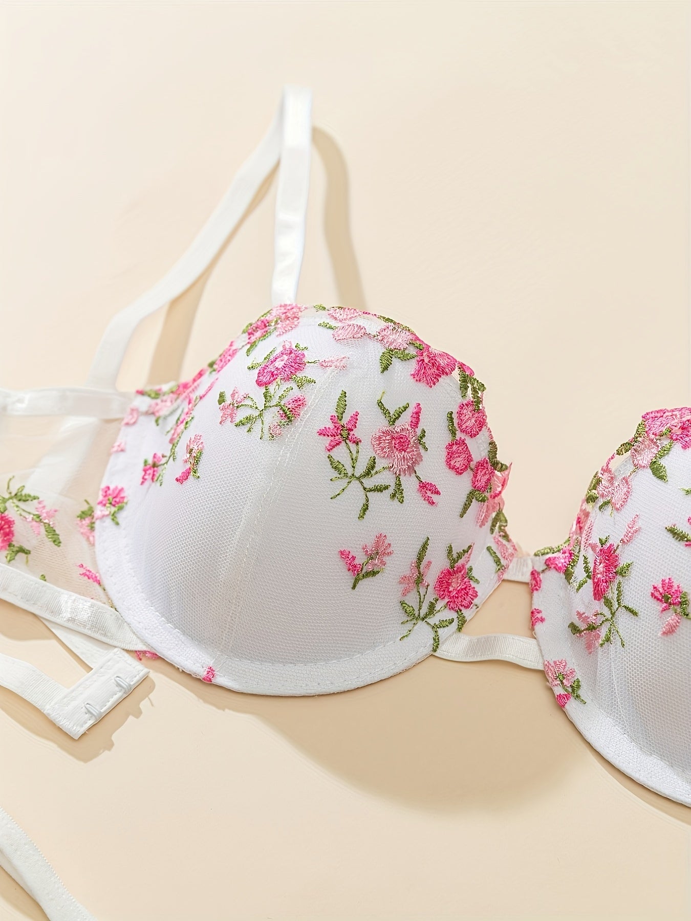 Floral embroidered lingerie set for women - underwire bra & mesh thong, breathable polyester blend, non-removable pads.