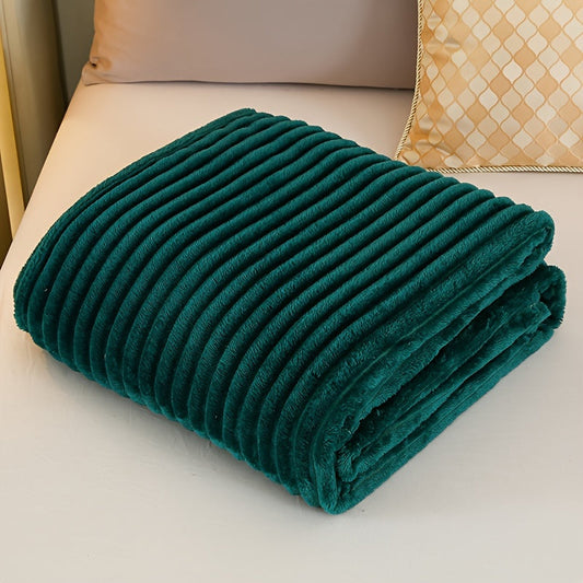 This luxurious Contemporary Green Striped Throw Blanket is crafted from soft and warm velvet knit, making it perfect for all seasons. It is designed with a simple striped pattern and has no embellishments, giving it a sleek and modern look. Made from