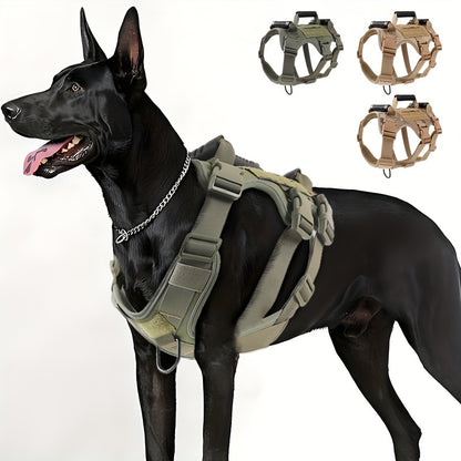 Tactical dog harness with handle and reflective vest, adjustable for no-pull training.