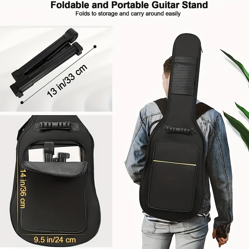 Adjustable, foldable A-frame guitar stand perfect for multiple instruments, easy to carry and install.