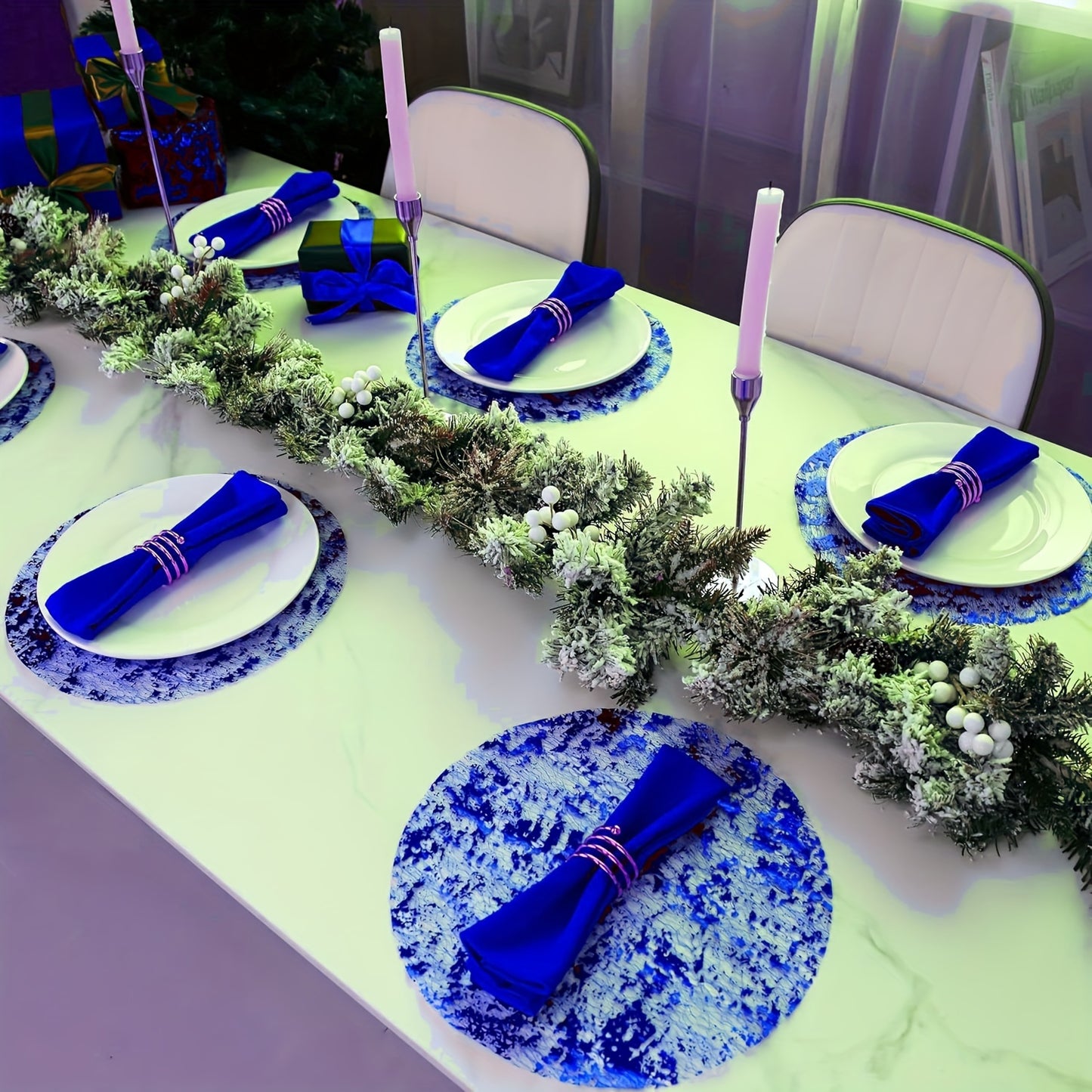 12 pieces of royal blue foil table mats, ideal for wedding and party decorations. Made of polyester, these light luxury round mesh thin glitter placemats add a touch of elegance to any setting.