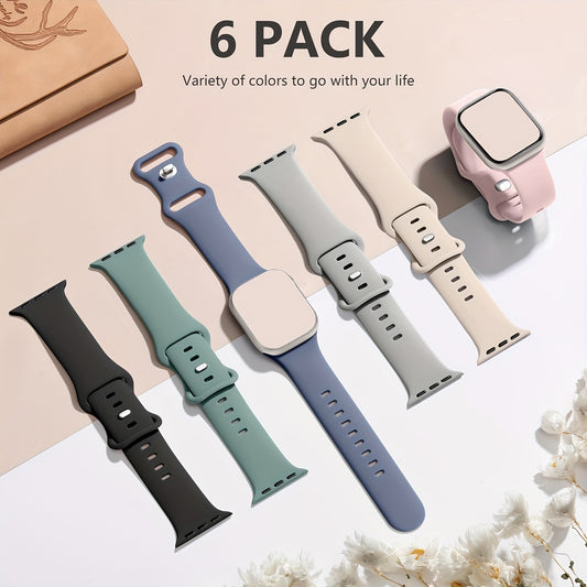 6 soft silicone sport bands for Apple Watch in assorted colors with stainless steel butterfly clasp. Waterproof and durable. Compatible with all Apple Watch series. Ideal for both men and