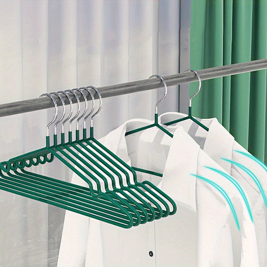 Set of 10 plastic hangers with iron rods inside for extra durability. These non-slip hangers are unmarked and designed for use in a clothes dryer. They are a standard size and perfect for organizing your wardrobe at home. Great for kitchen storage