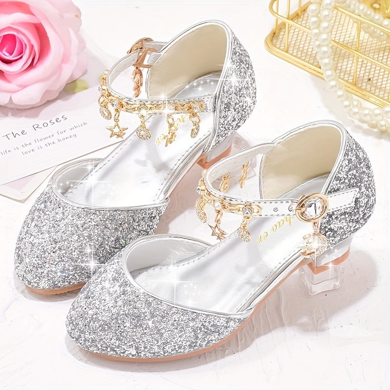 Girls' sparkling princess high heels with glittery golden sequin and rhinestone star design, perfect for weddings, performances, and formal events. Elegant ankle suspender dress shoes