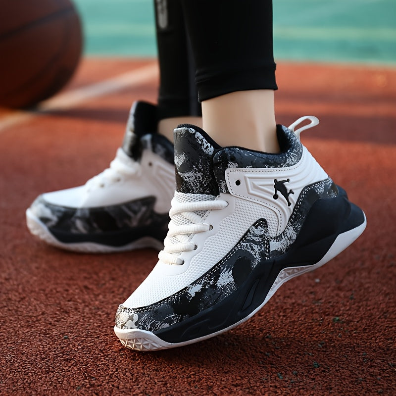 CHTAPPILIAR Boys' Mid-Top Basketball Shoes with Solid Color Splicing, All-Season Sports Sneakers. Lace-Up with PU Upper, Fabric Inner, TPR Sole, and EVA Insole. Features All-Weather Grip