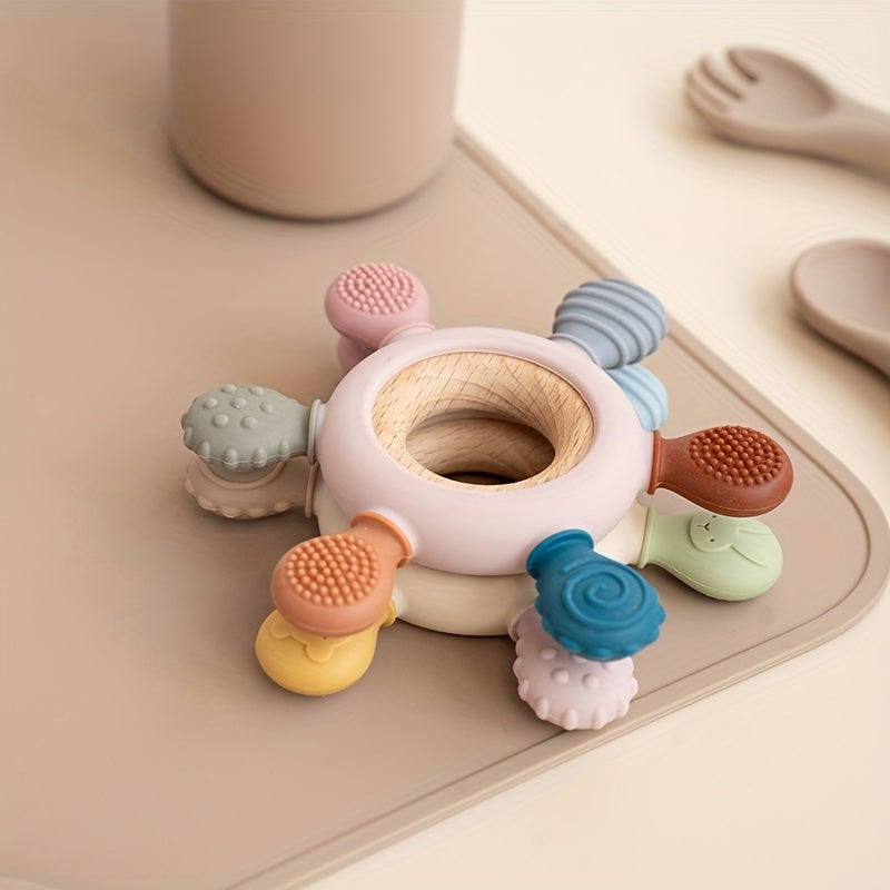 Silicone Baby Teether in Rudder Shape with Wooden Teether Ring for Touch Training, BPA Free Chew Toy for Newborns, Children's Dental Care Teething Toy - Perfect for Halloween, Thanksgiving, and Christmas Gifting.