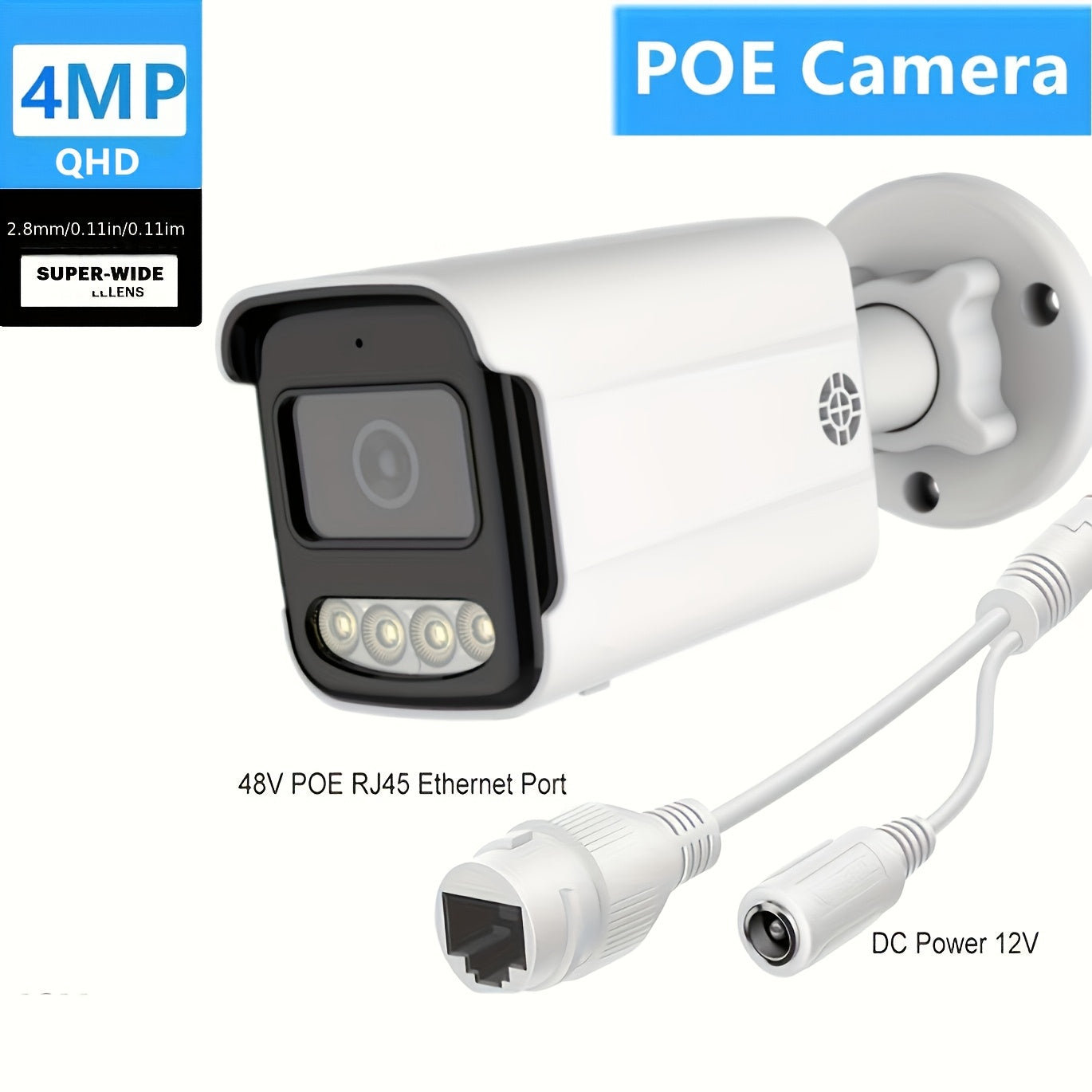 H.265 4MP 2K Security POE IP Camera with Night Vision, Human Detection, One-Way Audio, and AI Surveillance for POE NVR System. Features 108° Wide 2.8mm Lens and Outdoor Plastic Housing with