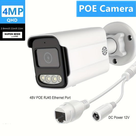 H.265 4MP 2K Security POE IP Camera with Night Vision, Human Detection, One-Way Audio, and AI Surveillance for POE NVR System. Features 108° Wide 2.8mm Lens and Outdoor Plastic Housing with