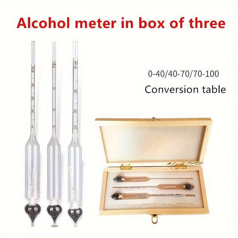 3-piece high-precision alcohol meter set with conversion table, 0-100 proof range, uncharged, no battery needed, for winemaking and distilled spirits testing.