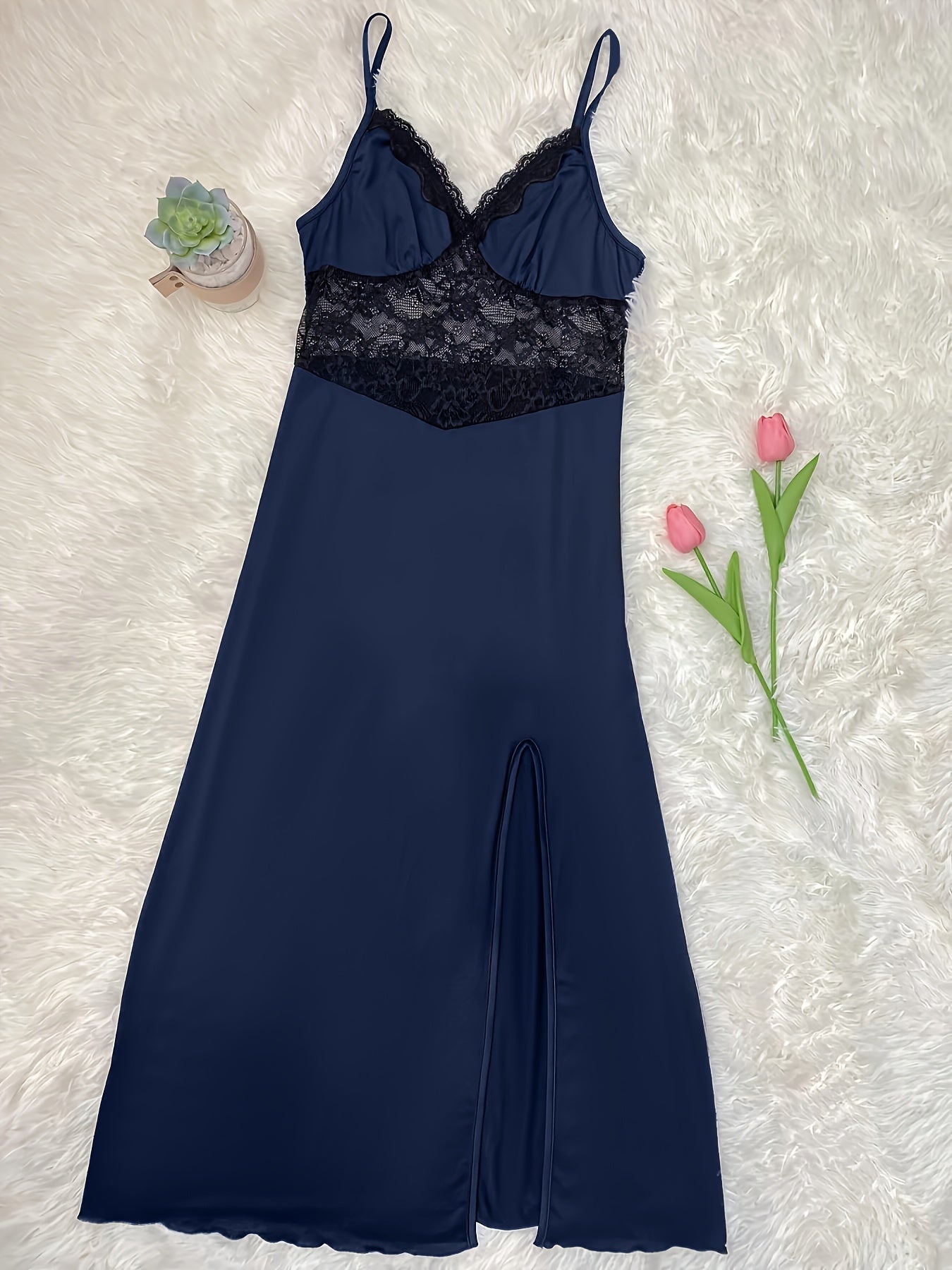 Lace nightgown with V neck, backless design, and side split Midi slip dress for women's sleepwear.