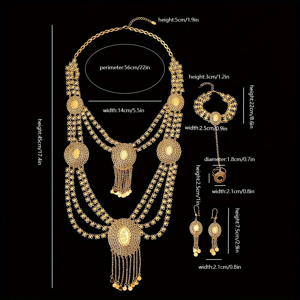 Stunning Gold-Tone Copper Jewelry Set in Arabic Style, Exuding Bohemian and Sexy Vibes. Features 18K Golden Plating, Multi-Layered Design, and Elegance. Ideal for Weddings, Parties, Ramadan, or as a Year-Round Accessory Gift for Women.