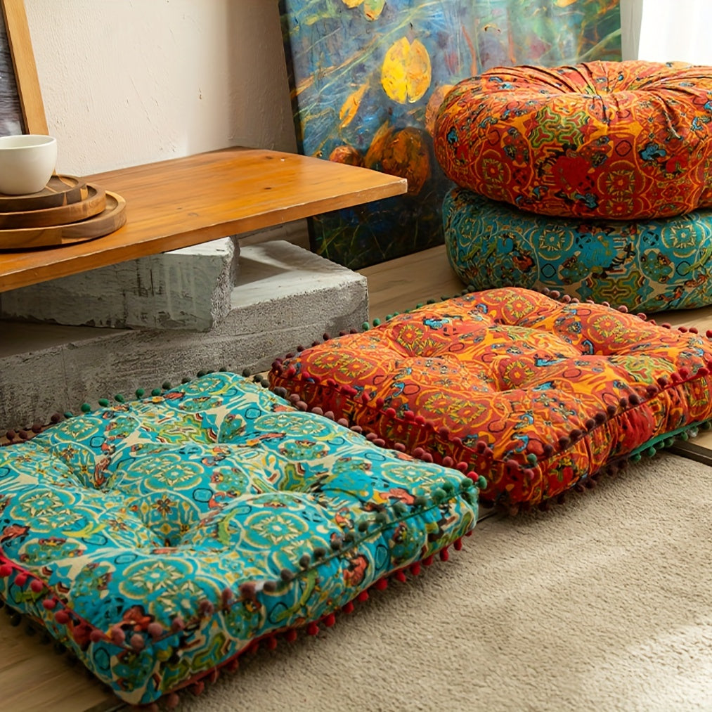 Boho-chic square cushion with pompoms: Versatile and fade-resistant.