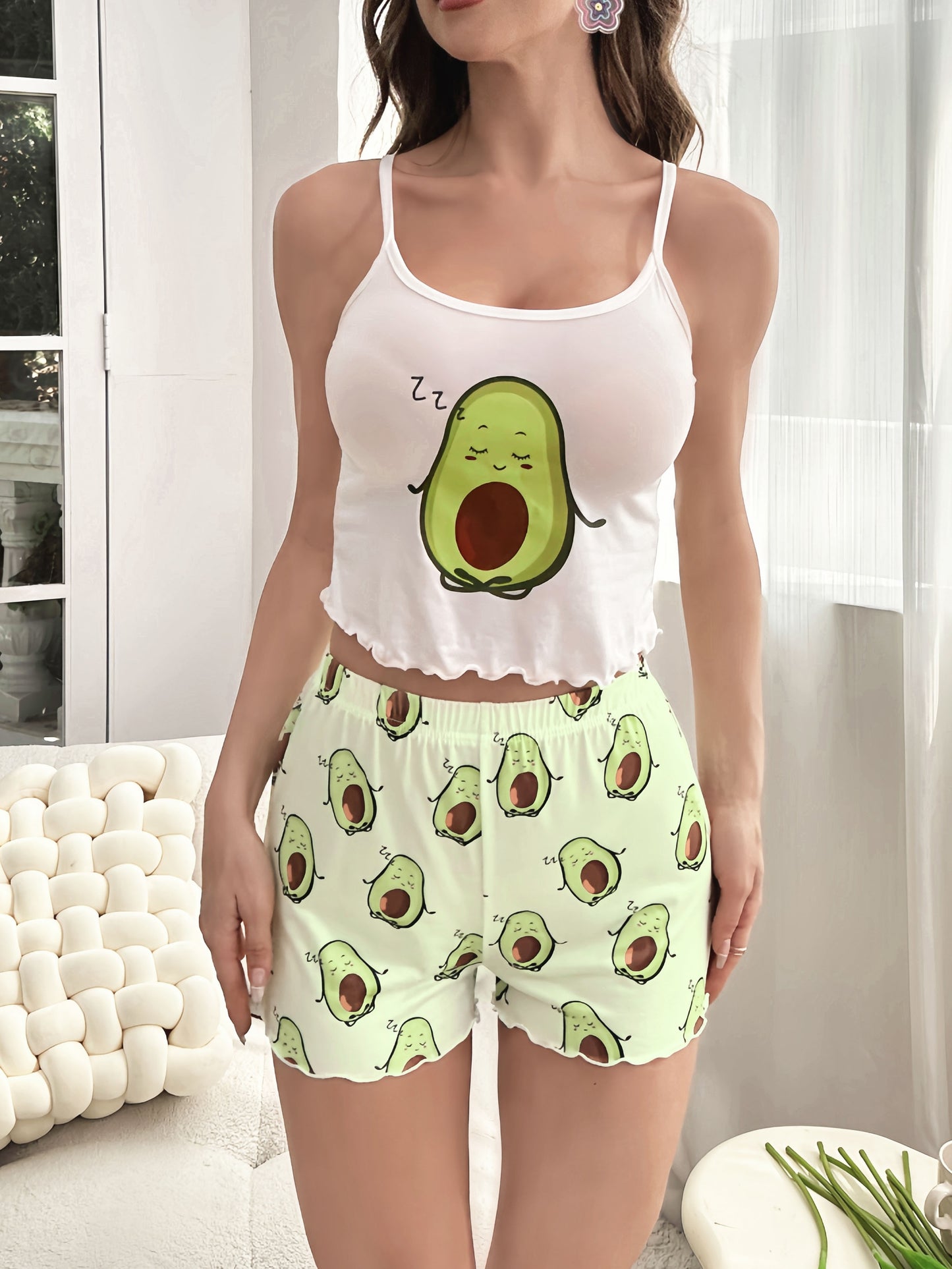 Cute avocado print pajama set with cami top and lettuce trim shorts for women's sleepwear