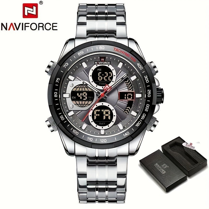 NAVIFORCE Men's Luxury Sports Quartz Watch - Waterproof, Genuine Leather Strap, Dual Display with Date & Chronograph Functions, Stainless Steel Case, Green Accents, Tachymeter Equipped