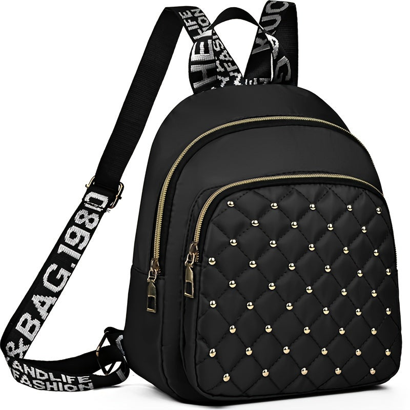 Stylish nylon backpack with rhinestone embellishments, lightweight, tassel detail, adjustable straps, and polyester lining. Suitable for daily commute or fashionable travel for women 15