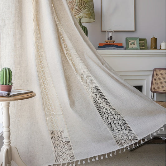 Bohemian Chic Linen Curtain with Geometric Cut-Outs and Tassels - UV Protective, Semi-Transparent Drapery for Various Rooms - Rod Pocket Design, Easy to Hand Wash, Perfect Bedroom Window Treatment in Bohemian Chic Style, Light-filtering Linen Curtains