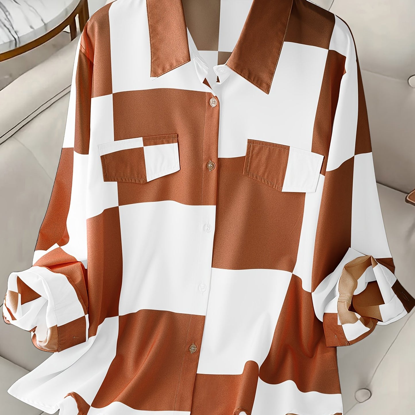 Striped Print Button Front Shirt for plus-size women, perfect for Spring & Fall.