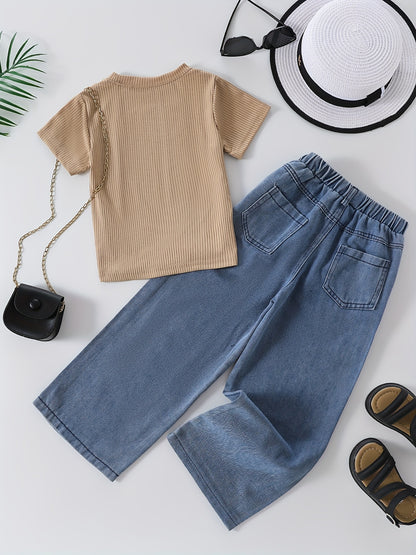 Girls' spring/summer fashion set: Ribbed knit short sleeve top & heart-shaped cut-out denim pants. Stretchy, machine washable, non-transparent. Perfect for outdoor wear.