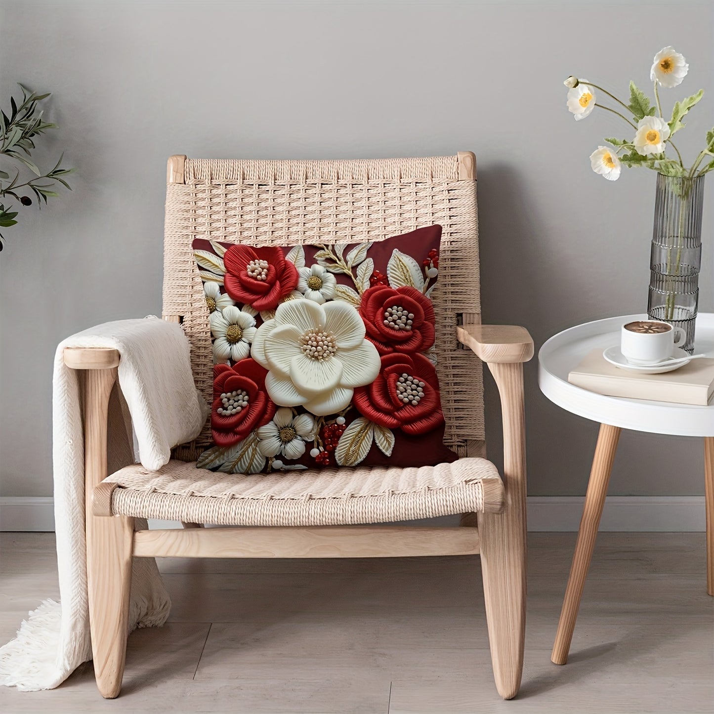 Soft & Cozy 3D Floral Print Red and White Plush Throw Pillow Cover, 44.96cm x 44.96cm with Zip Closure - Ideal for Home, Office, and Car Décor.