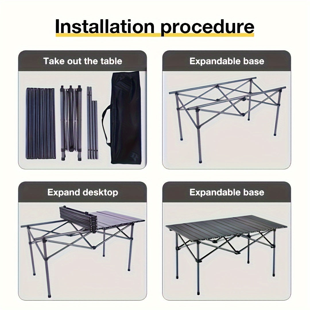 Portable, foldable outdoor table suitable for camping. Crafted from durable golden material in a convenient roll-shaped design.